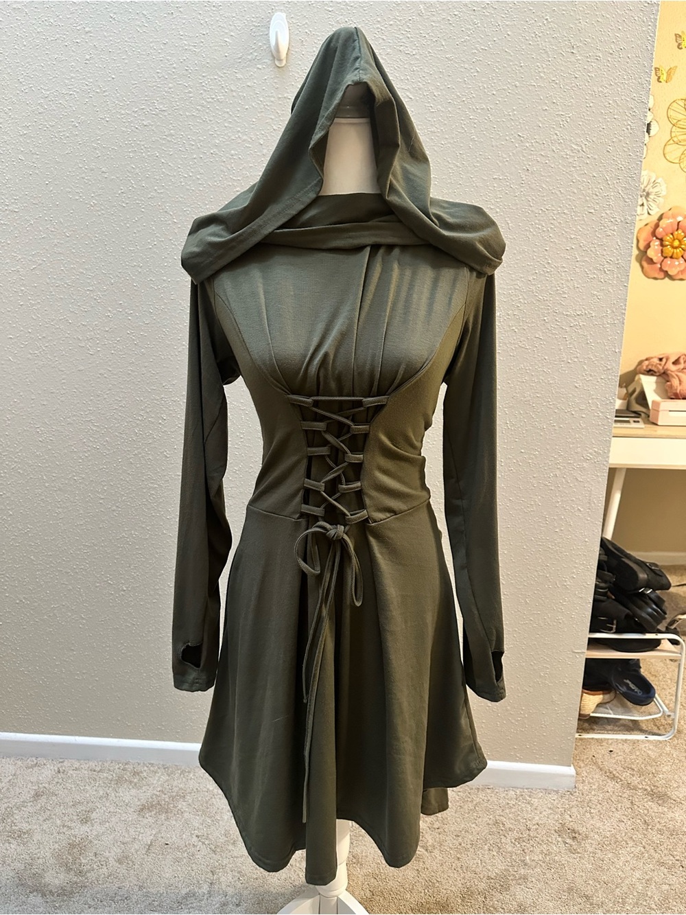 Hooded Lace-Up Corset Dress Long Sleeve Knee Length Fairy Grunge Ren Fair Sz L